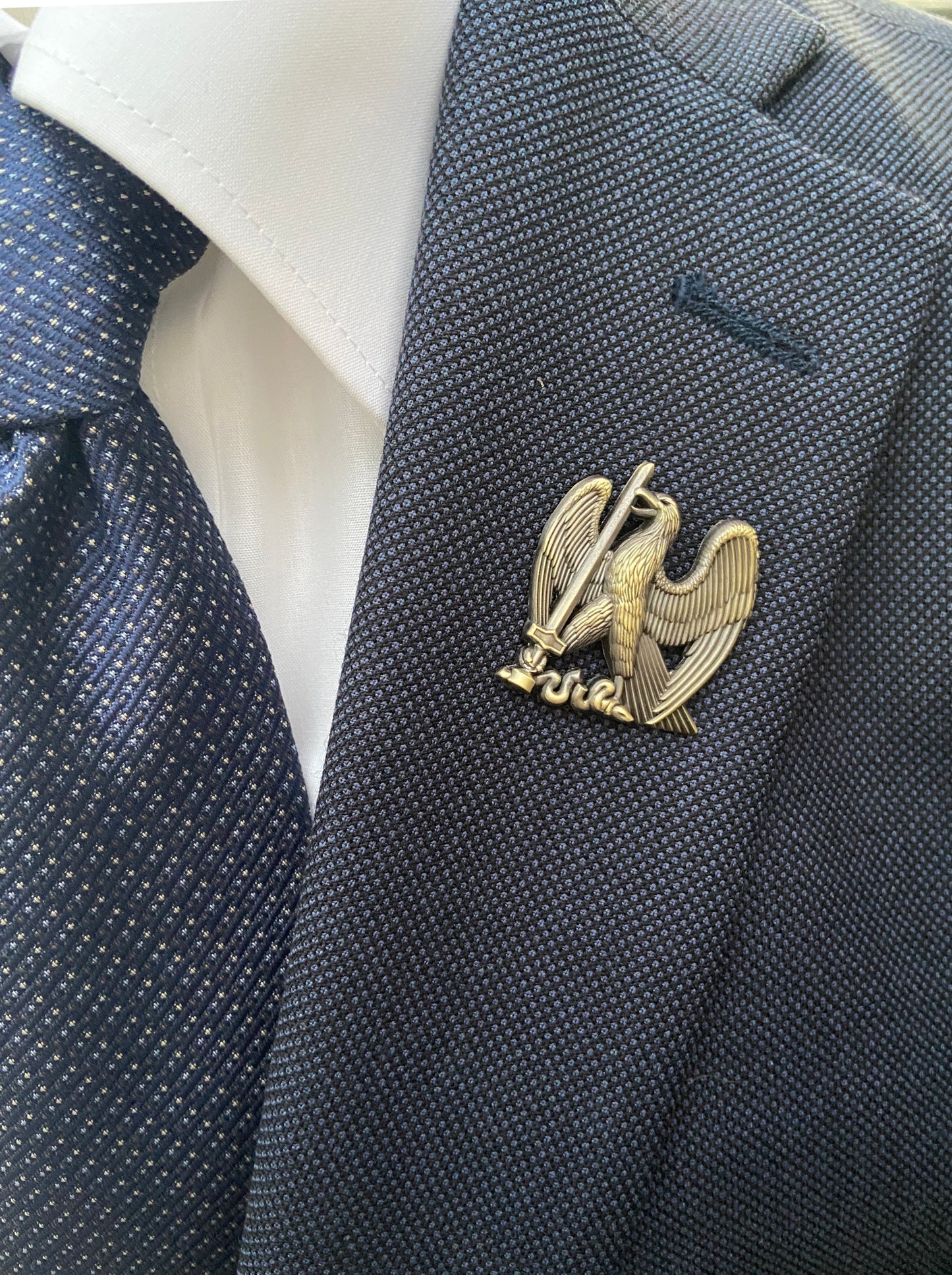 Eagle of Taron lapel pin on Suit