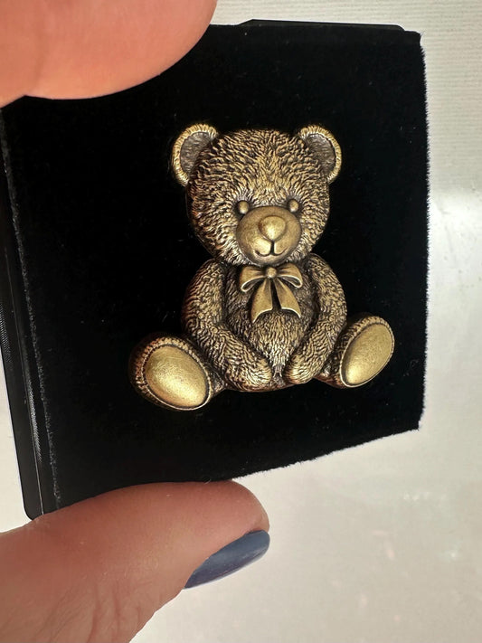 Sculpted Teddy Bear Lapel Pin brooch is displayed in a jewelry box